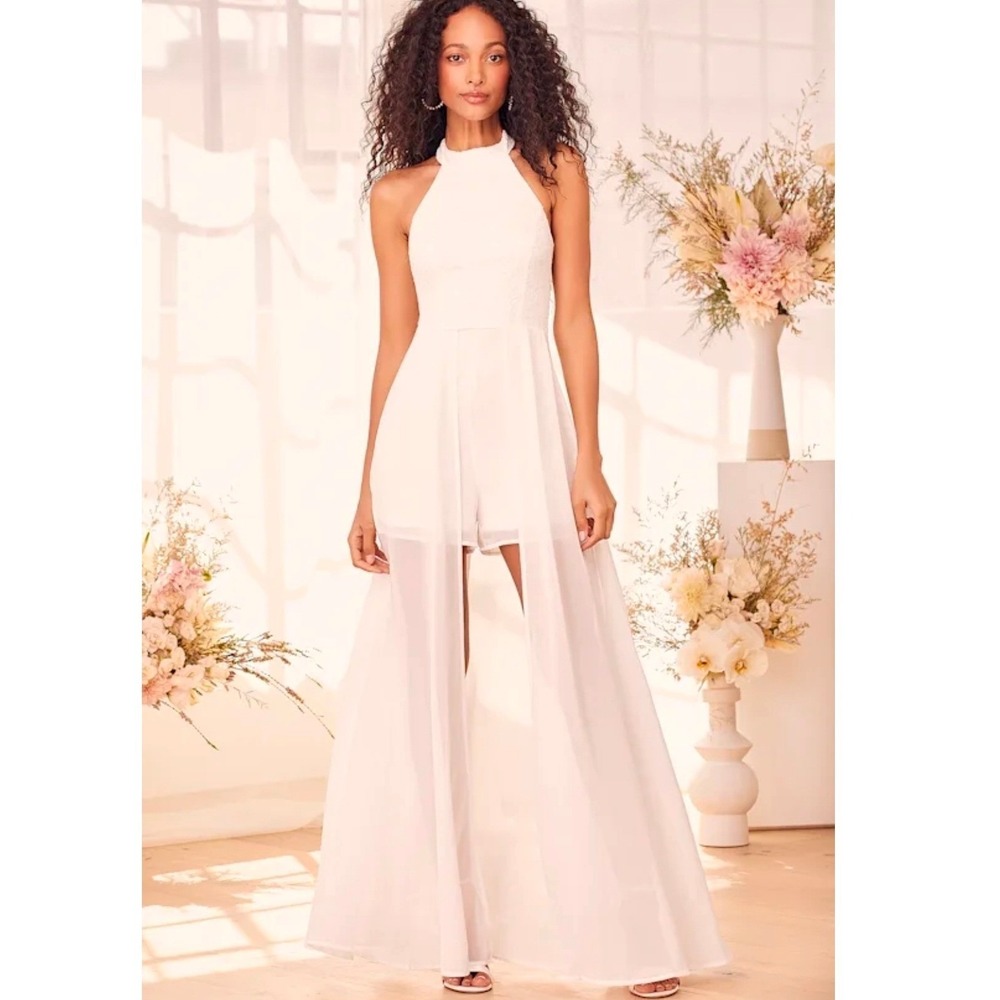 Lulus Women Medium White Love‎ Speaks Lace Halter Maxi Romper Chiffon Overlay